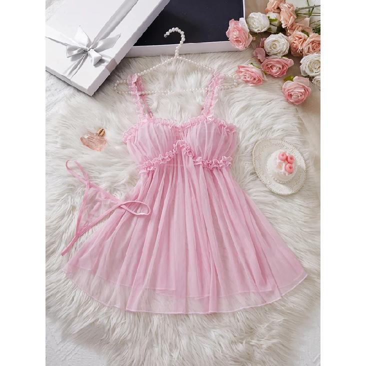 Women Perspective Mesh Nightdress Bow Wrapped Around Chest Pink Sexy Babydoll With Thong Erotic Sexy Lingerie Valentine Day Gift