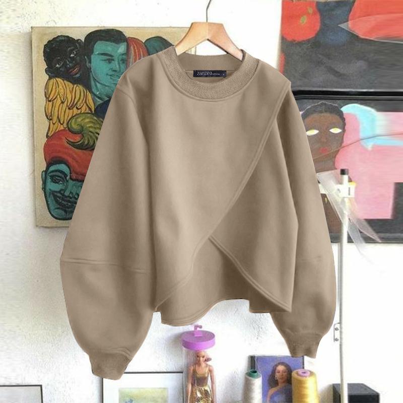 ZANZEA Женские осенние свитера-пуловеры с круглым вырезом и длинным рукавом-фонариком