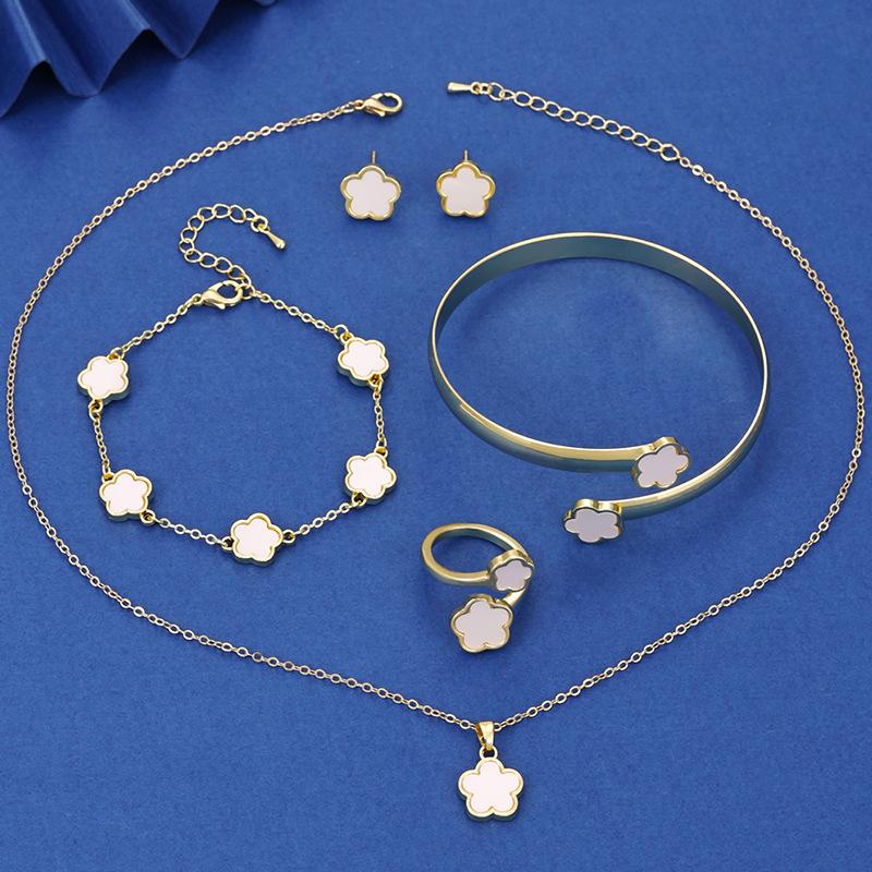 1set Radiant Lucky Flower Jewelry Set Sparkling Earrings, Necklace, Bracelet, Bangle & Ring - Fashion-Forward Alloy Ensemble for Women - Perfect Gift