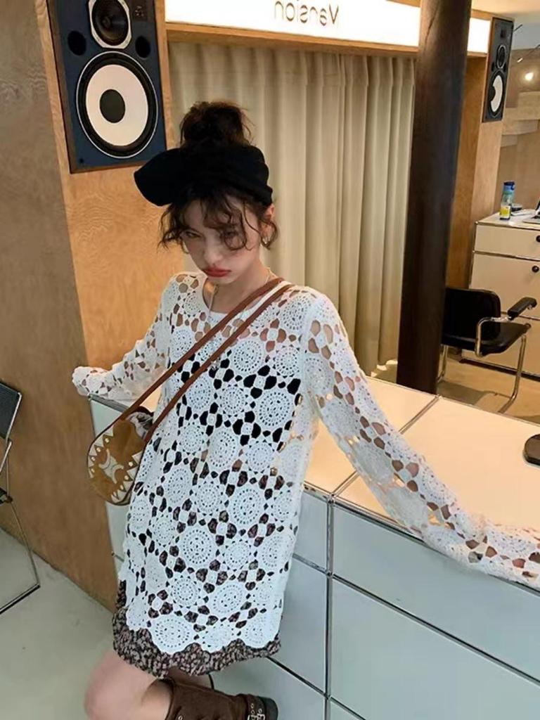 Chic Knitted Hollow-Out Sweater | Plus Size French Style | Loose Long Sleeve | Early Autumn Women's Outerwear