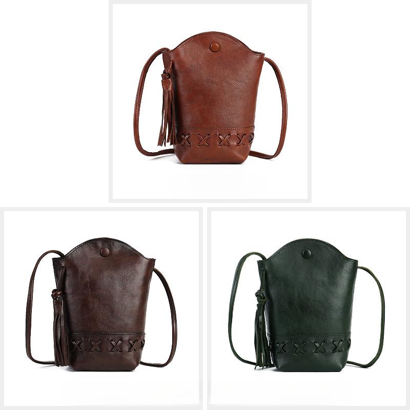 Женская сумка, винтажный верхний слой, плетеная сумка для телефона из коровьей кожи, мини-сумка через плечо на одно плечо, повседневная сумка-ведро с кисточками