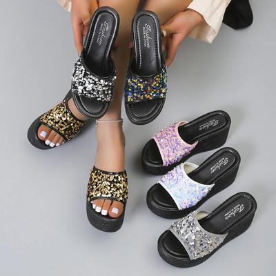 Тапочки на танкетке с кристаллами и высоким каблуком, летние сандалии для отдыха, женская обувь, женские туфли на платформе, мюли, тапочки, без застежек, женская обувь