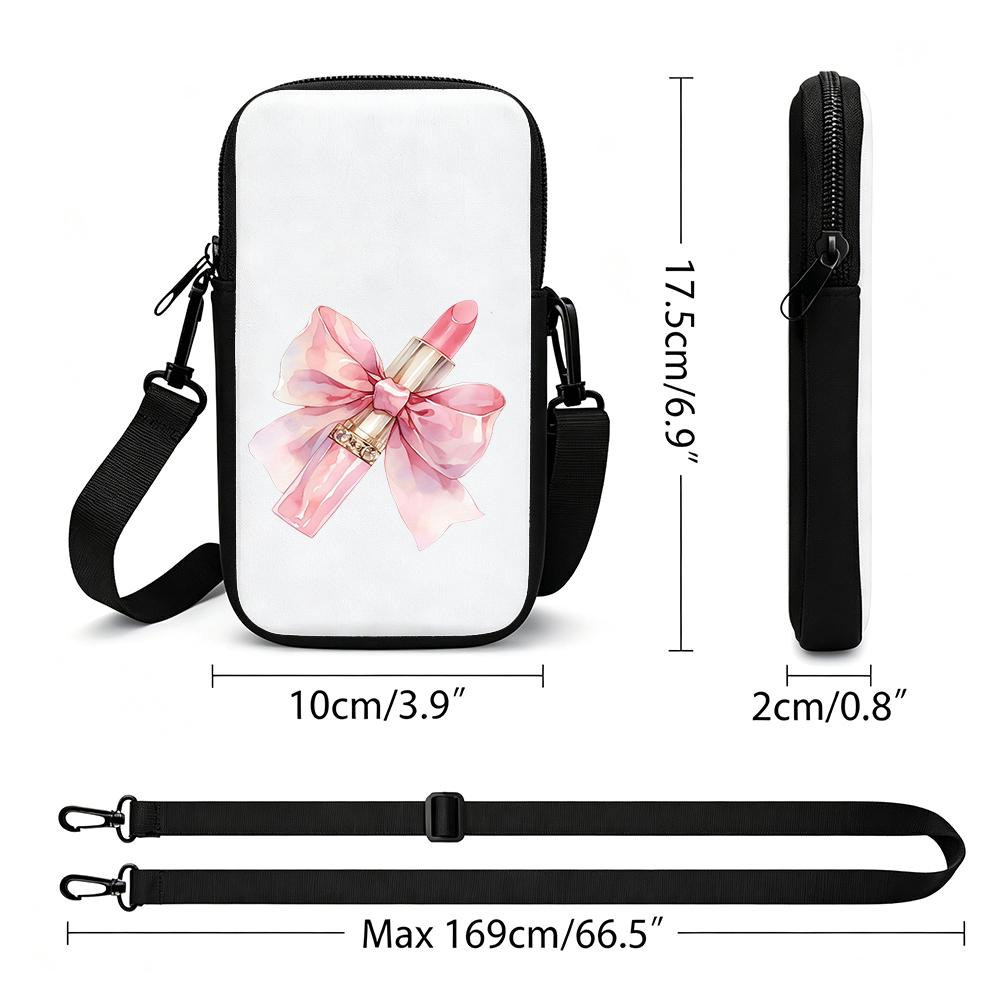 Pink Ribbon Lipstick Print Crossbody Phone Bag, Aesthetic Bowknot Pattern Mini Cell Phone Sling Pouch, Chic Small Shoulder Purse for Christmas Gift