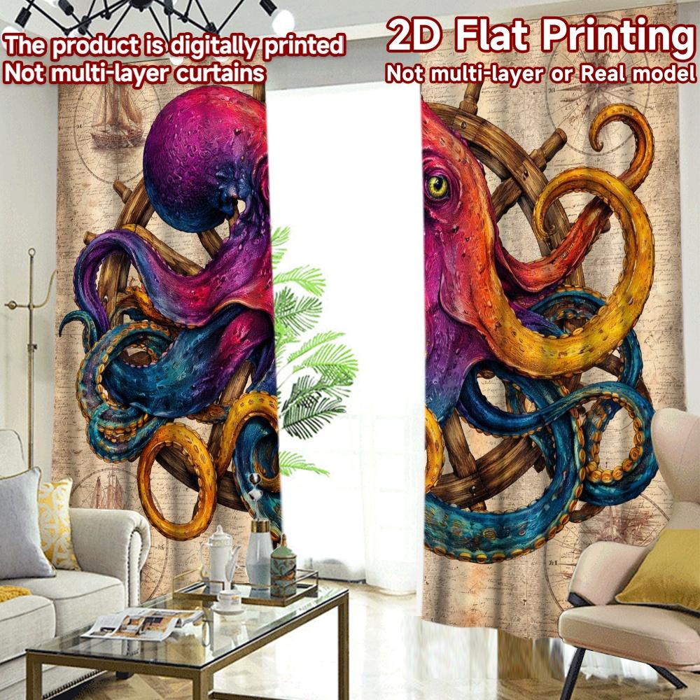 2D FLAT PRINTING 2pcs Curtains (Without Rod) Colorful Octopus and Ship Wheel Chic Light Filtering Curtains Polyester Easy