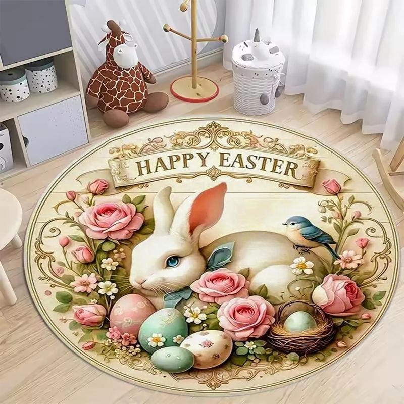 Rabbit Easter Egg Printed Circular Carpet Spring Floral Print Entrance Doormat Living Room Bedroom Decoration Carpet