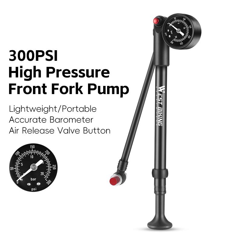 WEST BIKING 300PSI High Pressure Bicycle Pump With Gauge for Fork & Rear Suspension Portable Presta Schrader Valve Inflator