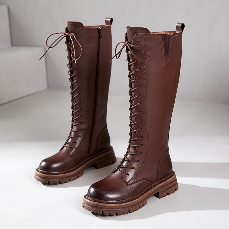 [Эмбрион телячьей кожи] Ботинки из коровьей кожи первого слоя женские осень-зима 2025 кожаные на толстой подошве бархатные рыцарские ботинки