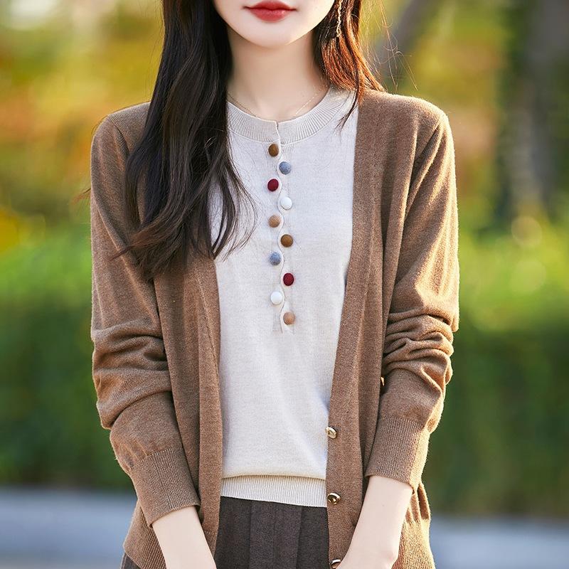 Вязаный свитер с круглым вырезом, имитация двойки, новая весенне-осенняя коллекция, вязаный свитер-пальто с длинными рукавами