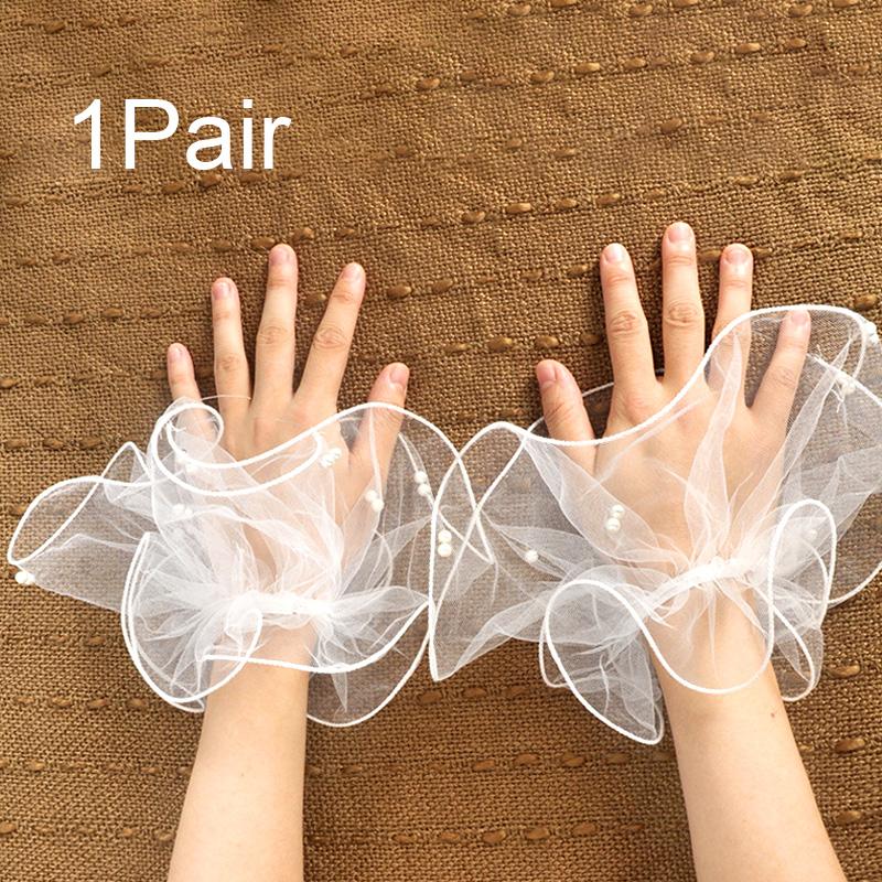 Women Party Tulle Wrist Cuffs Hand Sleeve Flared Lace Pearl Bead Mesh Wedding Fake Sleeves ARI