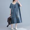 Spring Denim Dress Vintage Long Dress Loose Dress O-Neck Basic Blue Pockets Midi Dresses