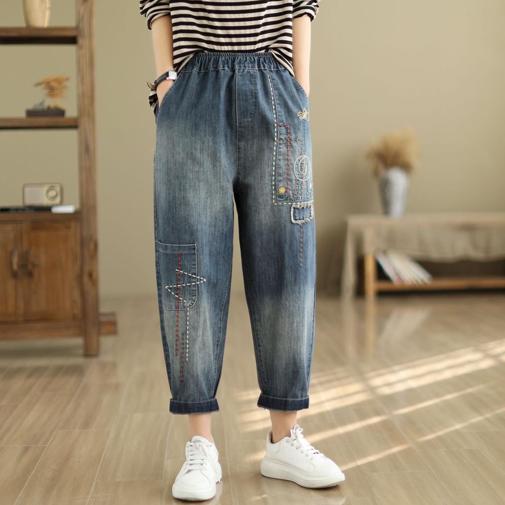 Весна/лето Новые повседневные брюки-харен для женщин Вышитые женские укороченные брюки Свободные джинсы для женщин