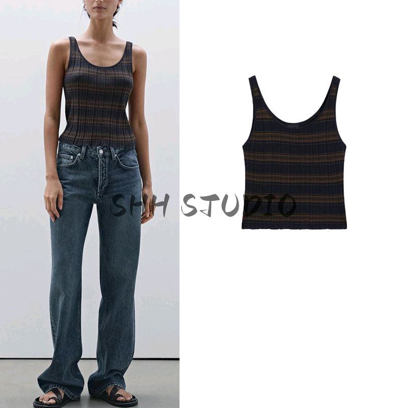 MD Spring/Summer New Women's Clothing Stripes Comfortable Cotton Stripes Knitting U-Collar Tank Top Sleeveless T-shirt 5670706