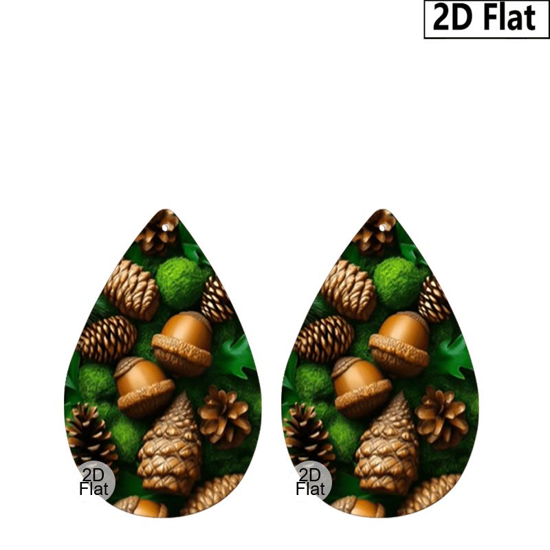 Autumn Thanksgiving/Christmas Gift Leather Women's Fashion Drop Earrings, Brown/Green Leaves Pinecone Patterned Design PU Earrings Jewelry for Wear