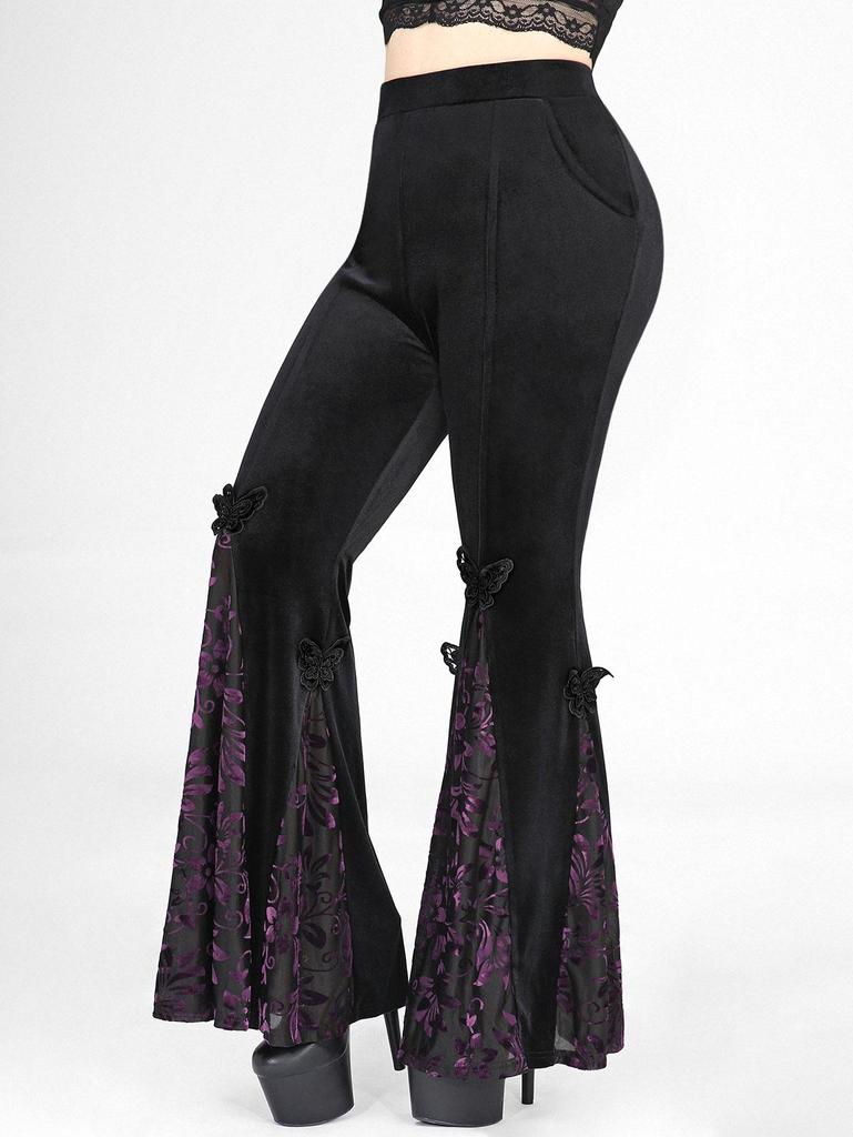 Розегаль Готические брюки-клеш с аппликацией в виде бабочки и цветочным флоком, бархатные лоскутные карманы без застежек