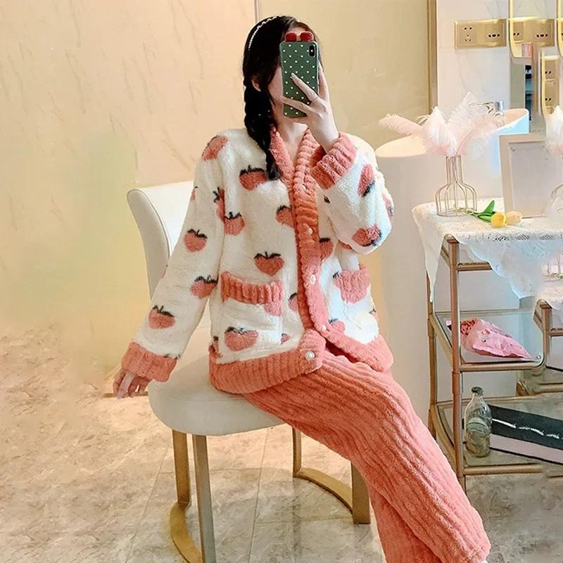 2PCS/Set Women's Coral Velvet Pajamas Small Fragrant Wind Winter Padded and Thickened Warm Peach-Coloured Student Sleepwear