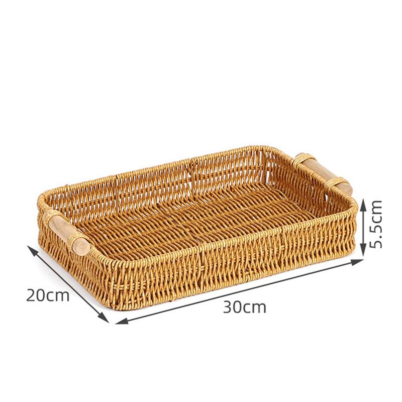Storage Tray Round Rattan Woven Tray Fruit Breakfast Tea Storage Basket Desktop Sundries Organizer Bread Plates With Wood Handle
