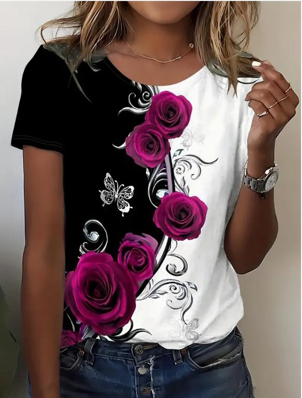 Модная женская простая и красивая трехмерная футболка с принтом розы, забавная повседневная футболка с круглым вырезом и короткими рукавами, летняя женская футболка