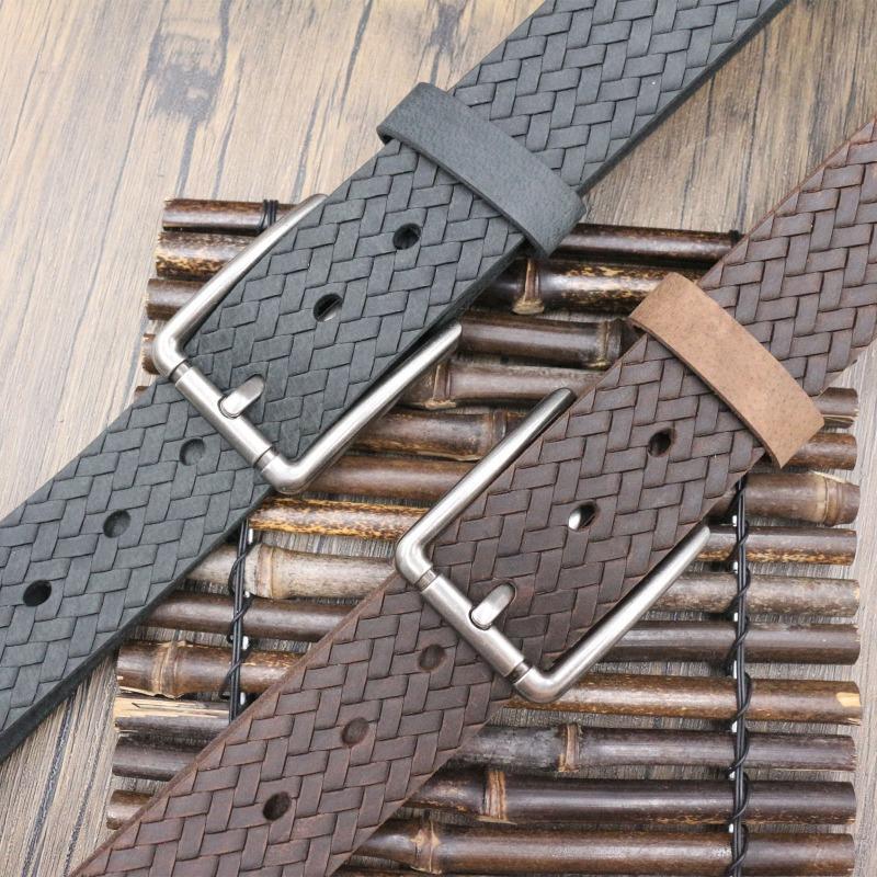 Retro woven carved Crazy Horse leather belt, men's old first-layer cowhide belt