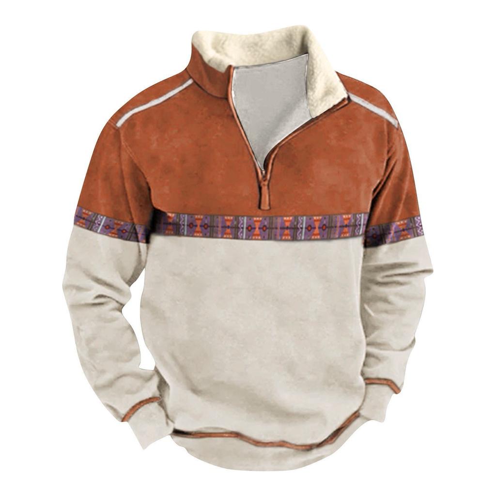 Long Sleeve Tops Men's Zip Contrast Winter Sweatshirt Outdoor Casual Sweater