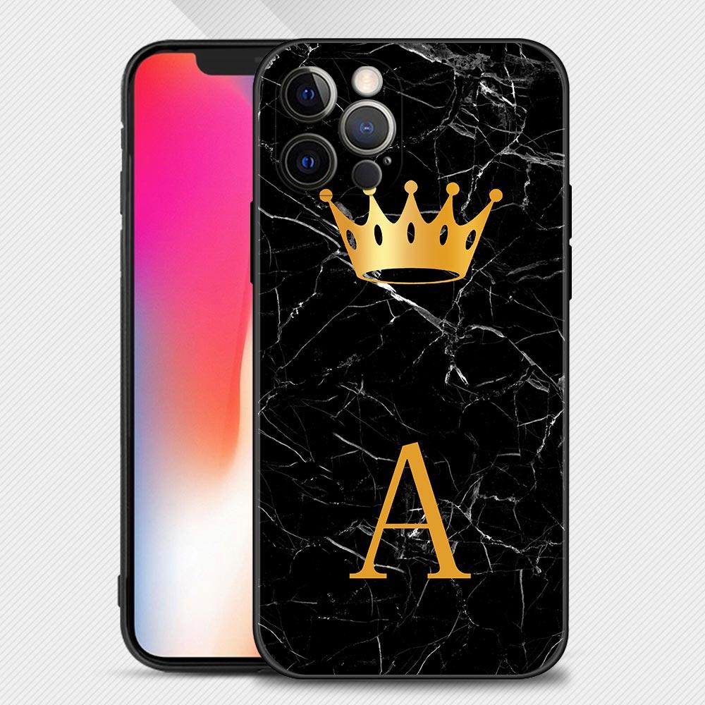 Чехол для телефона с золотой короной и буквой Queen для Iphone 14 13 12 11 Pro Max Xs Max Xr X 7 8 Plus 12 Mini 6s, силиконовый черный корпус