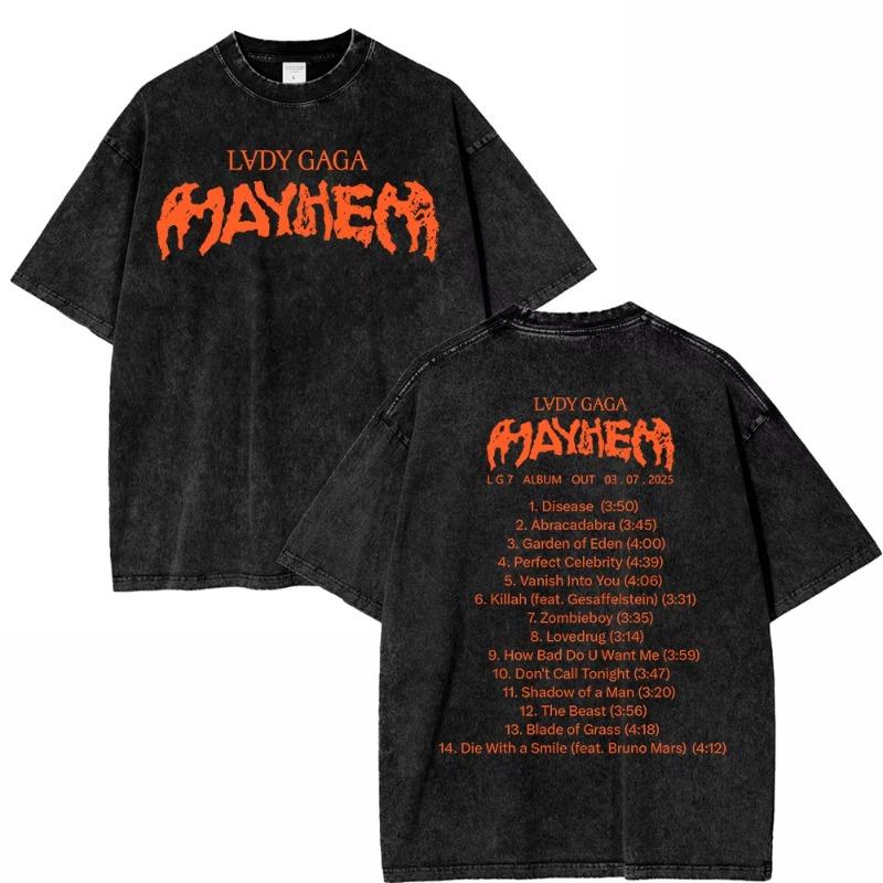 Винтажная стираная футболка Леди Гага The Mayhem Ball Tour 2026 Модная Мужская/Женская Эстетичная Высококачественная Кислотная стирка 100% Хлопок Футболки