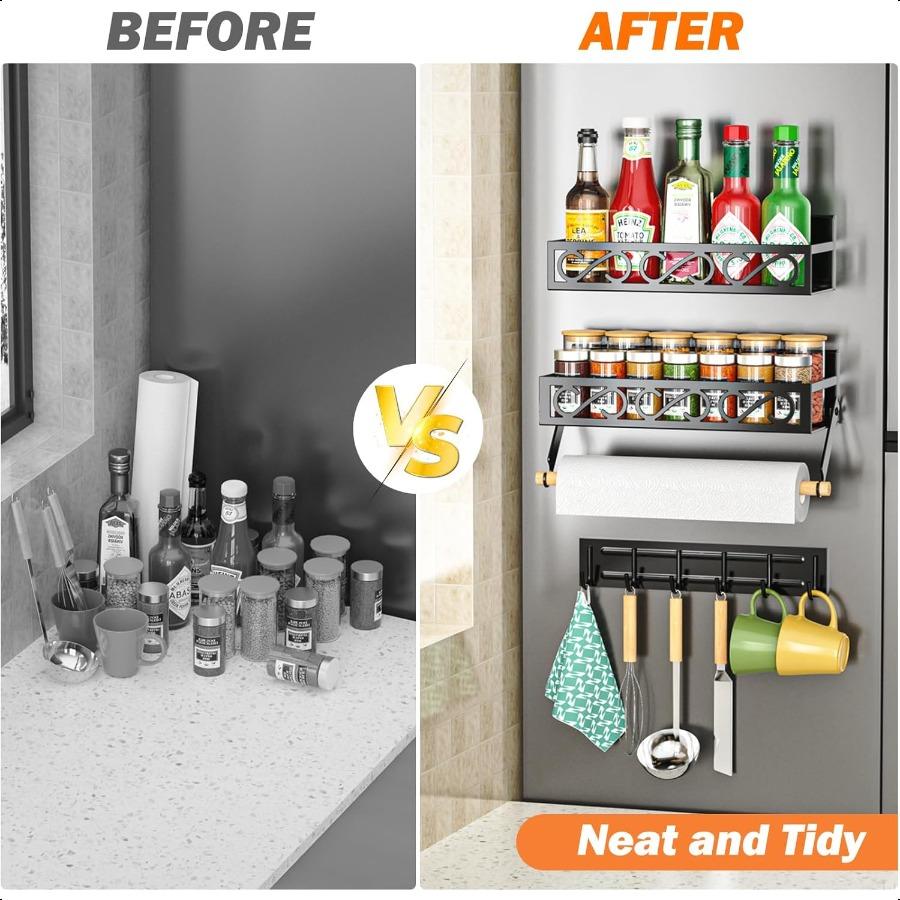 Магнитные полки для специй для холодильника Магнитные полки для специй с держателем для бумаги Передвижная стойка с 6 крючками Магнитный органайзер для холодильника S