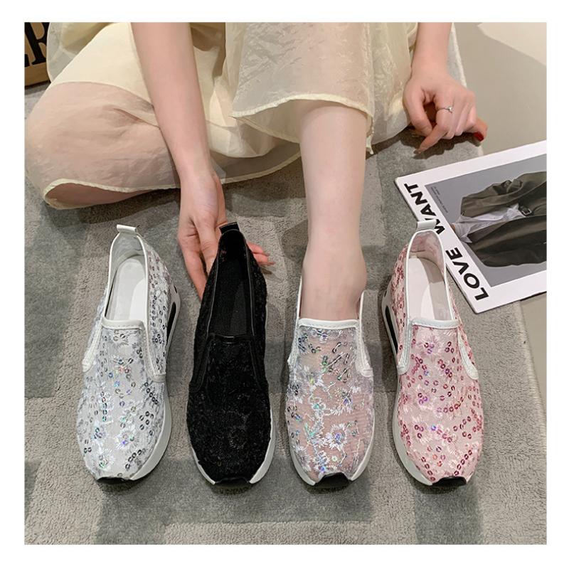 Женские одиночные туфли с приподнятой внутренней частью, весенне-летняя корейская версия, повседневная женская обувь с кружевной сеткой и пайетками, на толстой подошве