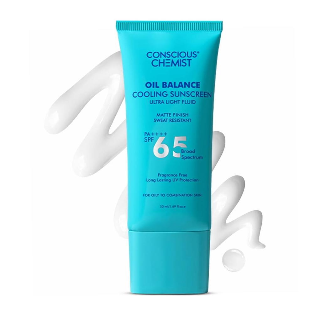 Солнцезащитный крем Conscious Chemist® Oil Balance Cooling SPF 65 PA++++ | Протестировано in vivo | Гелевая основа, матовый финиш, с ниацинамидом и гиалуроновой кислотой, от пота