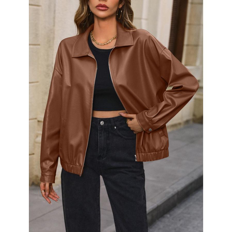 Женская повседневная куртка из искусственной кожи с коротким рукавом и молнией из искусственной кожи, однотонные куртки с лацканами