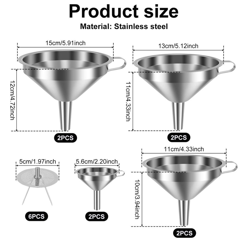 7/14 Pcs Stainless Steel Funnel Kitchen Funnel with Removable Strainer and Handle  Dishwasher Safe Cooking Funnels for Oil Flour