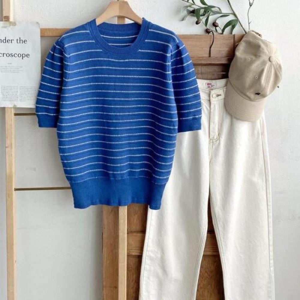 New Arrivals Open Run Round Neck STripe KniT Rayon ShorT Sleeve T shirT