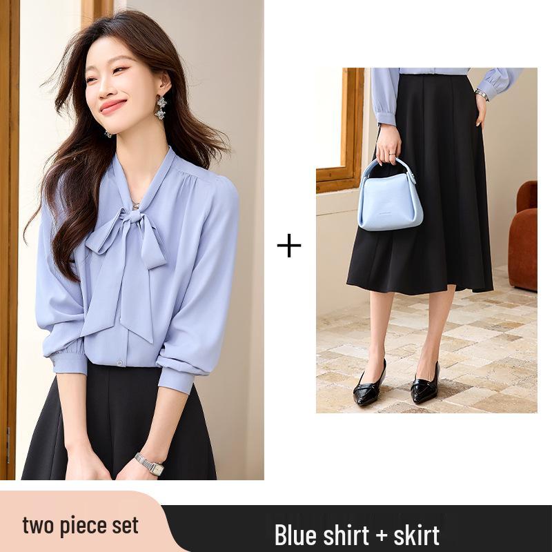 Women's Long Sleeve Blue Bow Chiffon Blouse - Professional French Workwear
