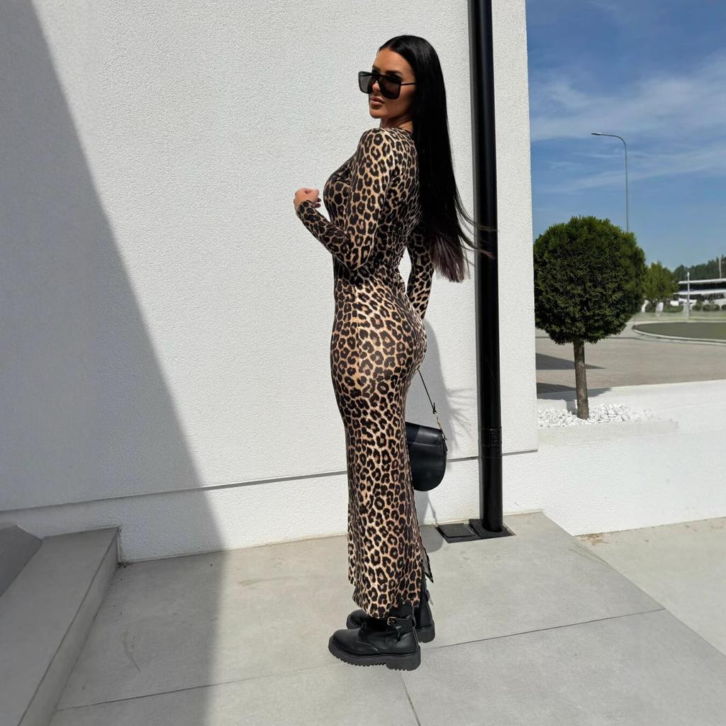 Женское сексуальное облегающее длинное платье-туника с леопардовым принтом, квадратный вырез, для горячих девушек, с разрезом