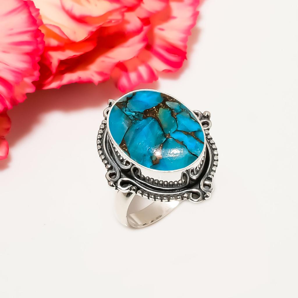 Copper Blue Turquoise 925 Sterling Silver Ring V4571, Blue Ring, Oval Ring, Valentin's Day Gift, Gift For Her, Birthday Gift, Handmade Jewelry, Silver