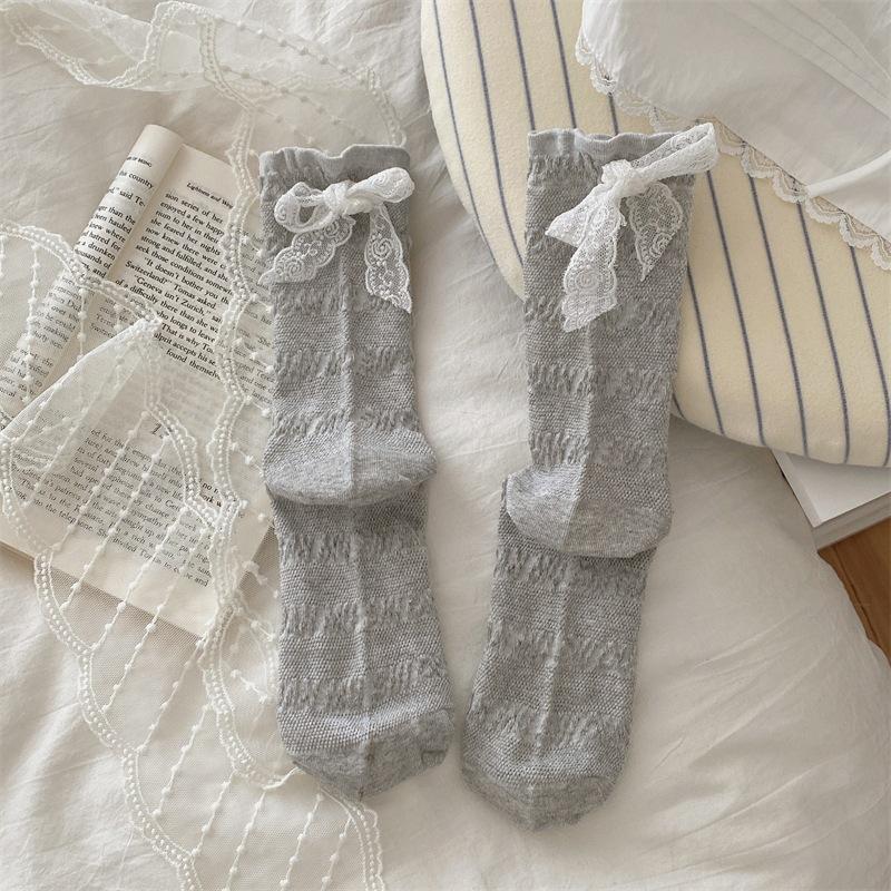 Female Spring and Summer Thin Cotton Solid Color Ballet Style Ribbon Bow Mesh Breathable Hose