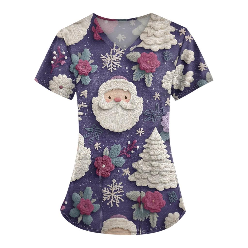 Женские топы с короткими рукавами и v-образным вырезом с рождественским принтом, рабочая блузка с карманами