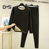 2 Pcs/Set Winter Top Pants Set Thick Plush Round Neck Long Sleeve Elastic Waist Warm Soft Cold Proof Homewear Pajamas Set Thermal Underwear Set