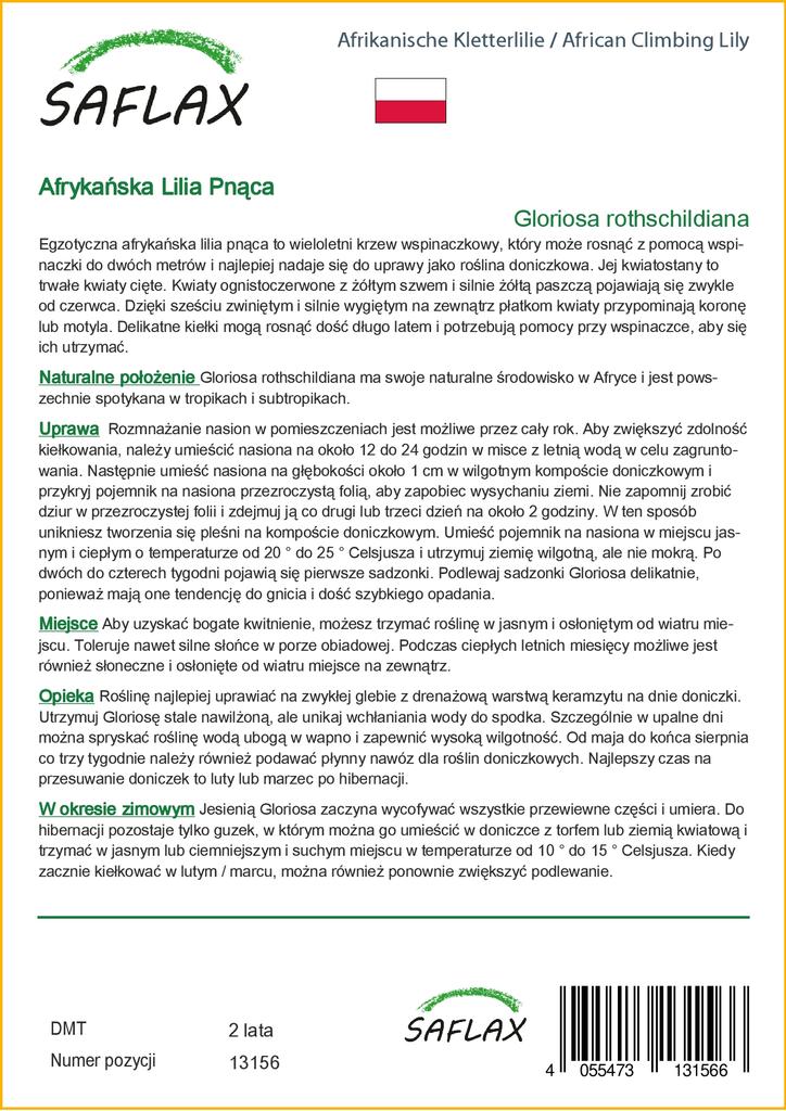 SAFLAX Лилия африканская вьющаяся - 15 семян - Gloriosa rothschildiana