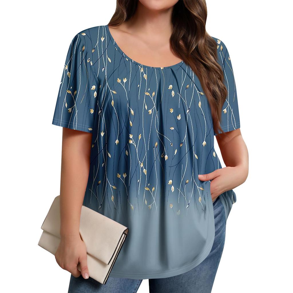 Plus Size Women's Casual Round Neck Pleated Short Sleeve Color Top