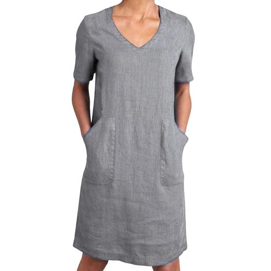 Женское хлопковое льняное платье-рубашка, летнее платье миди с коротким рукавом и V-образным вырезом, повседневное платье-рубашка с карманами
