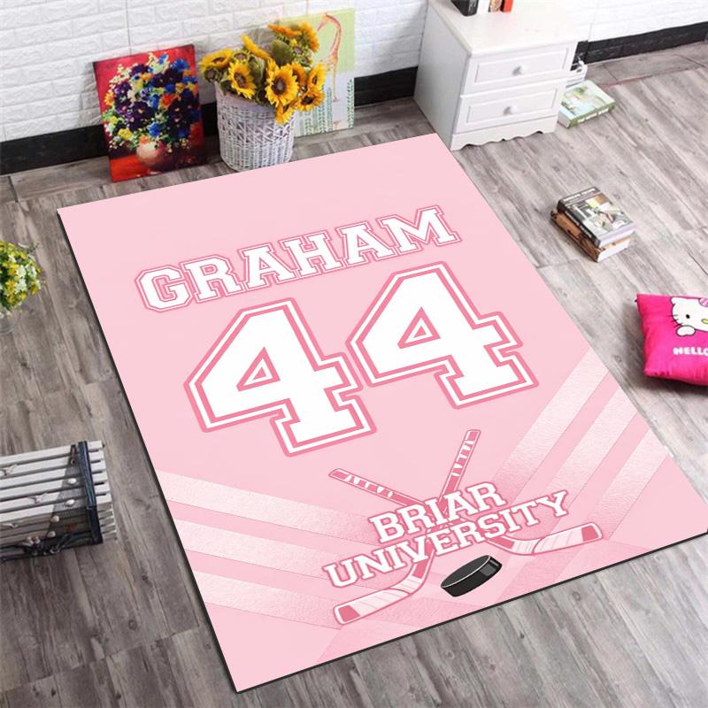 Briar University Graham 44 Pink Jersey Number Print Area Rug Hockey Romance Book Theme Non‑Slip Rectangular Floor Mat Book Fan Bedroom Home Decor Rug