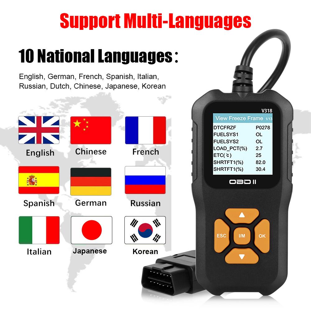 OBD2 Scanner Check Engine System Car Diagnostic Tool Multi-language Battery Tester Code Reader V318 Read Vehicle Information