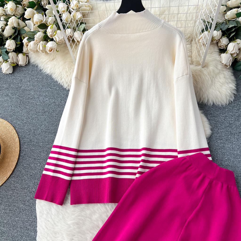 Осень-весна повседневные трикотажные комплекты с высоким воротником в полоску пуловер с разрезом + широкие длинные брюки женский модный свободный костюм-свитер