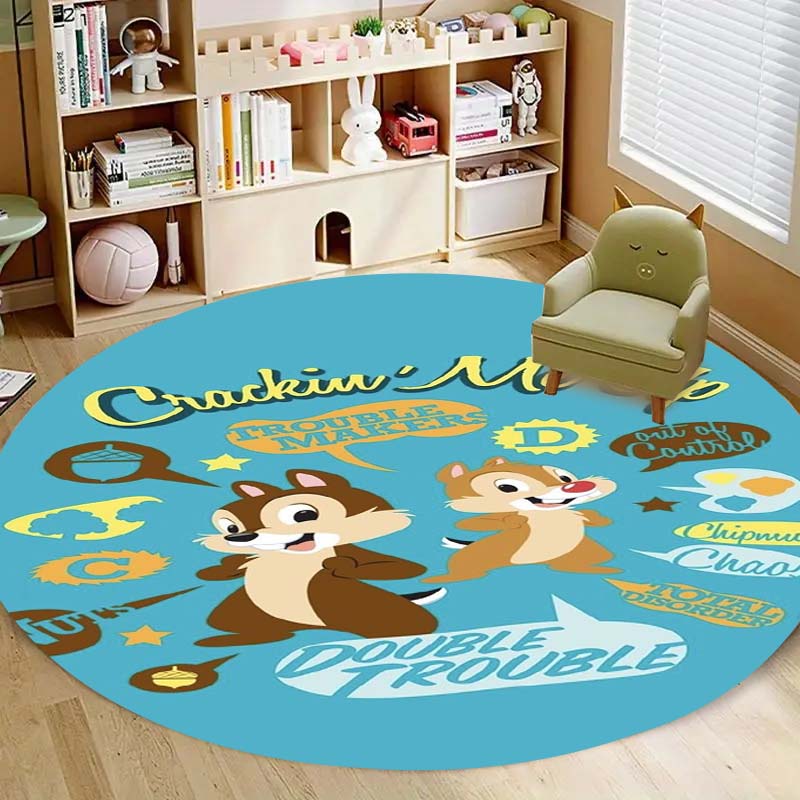 Cute Chip 'n' Dale print round floor mat, home rug decoration, cartoon welcome doormat, non-slip and stain-resistant.