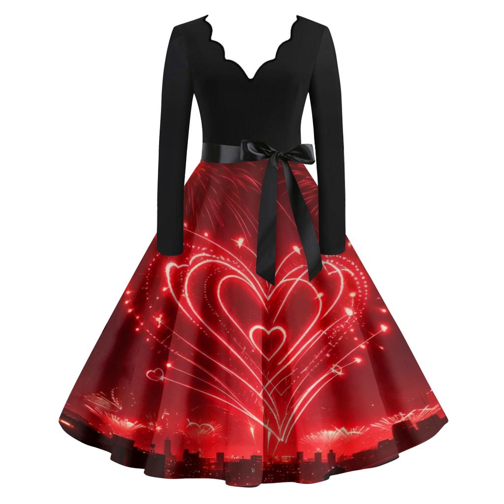 Женское повседневное модное платье винтажного стиля с V-образным вырезом и новогодним принтом