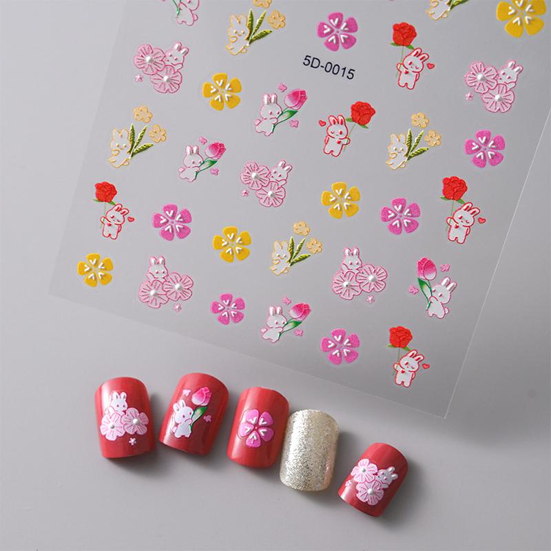 Dopamine Colored Relief Nail Stickers Cartoon Line Flower Pink Sweet Style Cute Nail Sticker Nail Art Diy Decoration