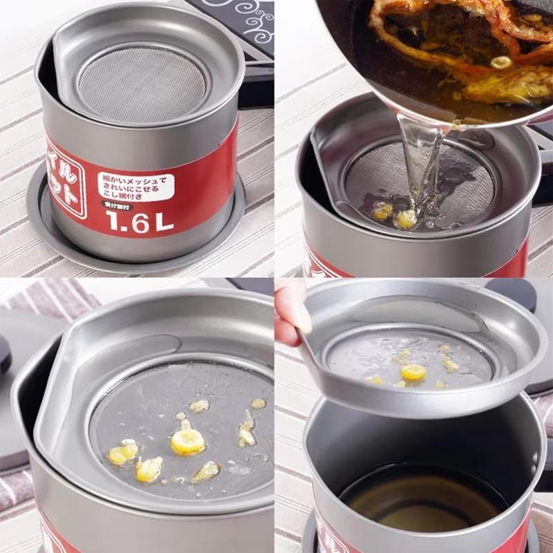 1.4l Stainless Steel Oil Filter Bottle Grease Keeper With Removable Coaster Tray Kitchen Oil Storage Container