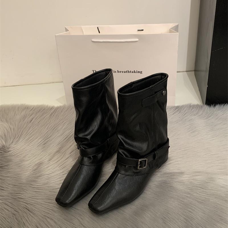 Винтажные Короткие Сапоги Хаки из Замши Женские Сапоги Французские Сапоги Весенний Нишевый Дизайн Западные Сапоги-Столбики Рыцарские Сапоги