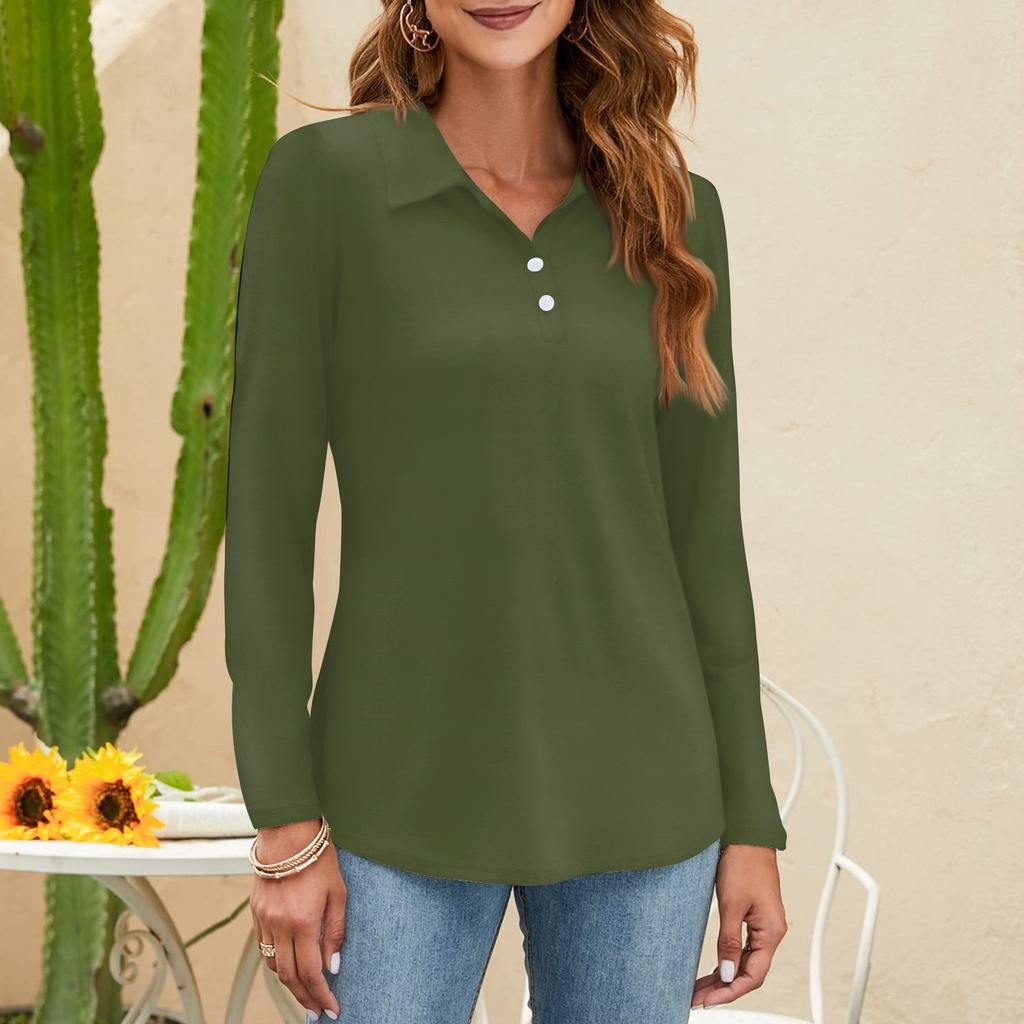 Женская мода однотонная рубашка с воротником на пуговицах и V-образным вырезом, длинным рукавом, свободная рубашка