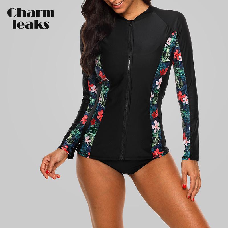 CHARMLEAKS Women Zip UV Sports Shirt Rash Vest Long Sleeve Rashguard Running Biking Beach Shirts Rashguard Tankini Top